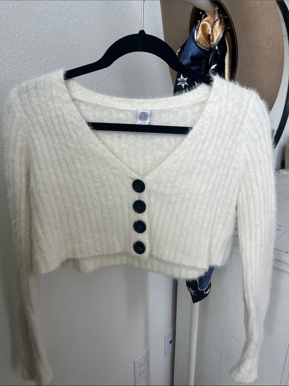 Urban Outfitters Cream Cropped V-Neck Button-Front Sweater
